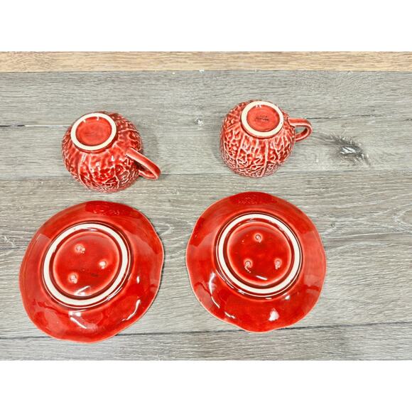 1950s Secla Majolica Portugal Secla Deep Red Cabbage Leaf Cup & Saucer Set Of 2 - Picture 9 of 11